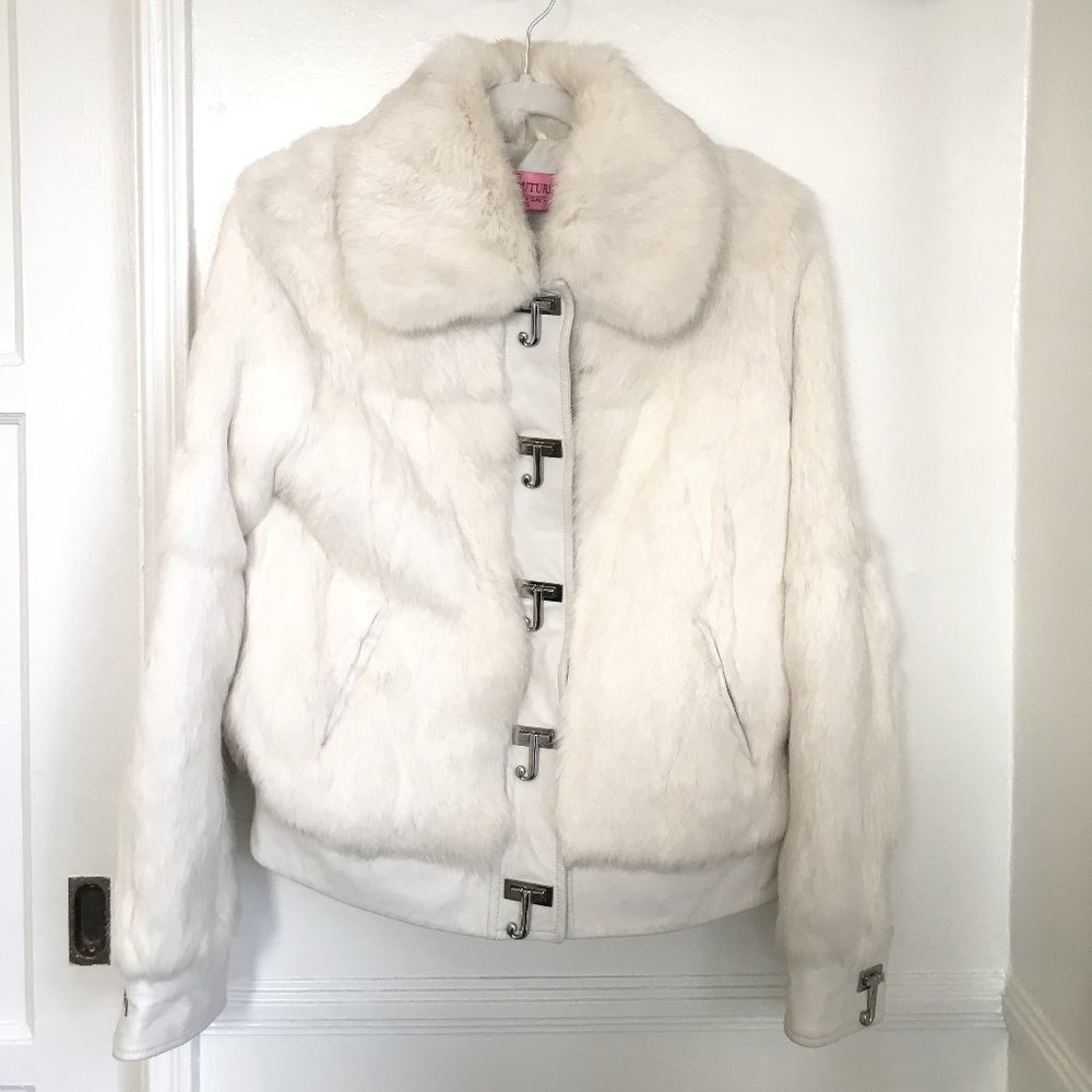 Juicy Couture real rabbit fur collared jacket, damaged, white/off-white medium